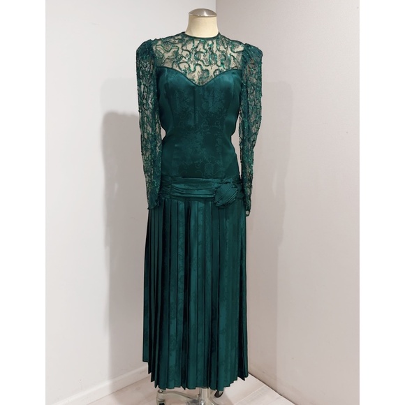 Jessica McClintock 1980s Vtg Green Long-sleeved Evening Gown Formal Dress Size 8 - Picture 2 of 9